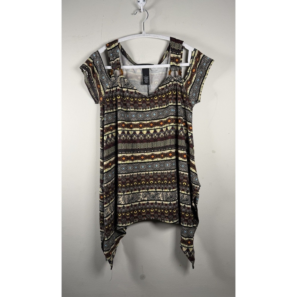 Jennifer Lauren Large Bohemian Tunic Top Cold Shoulder Keyhole Hippie Y2K Office
